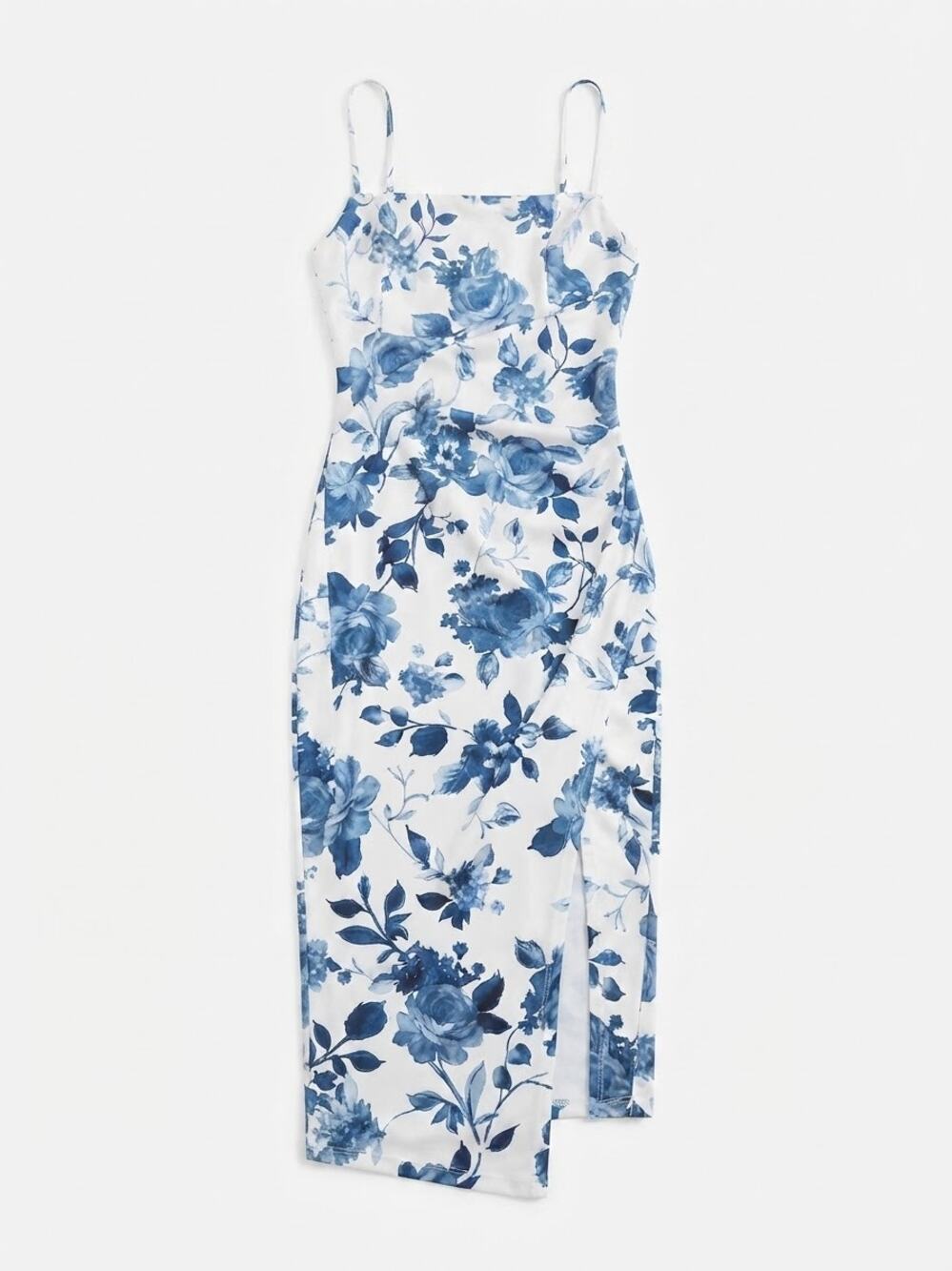 LOVELY DAY Women Blue & White Floral Maxi Dress Size S Spaghetti Strap Slit Chic